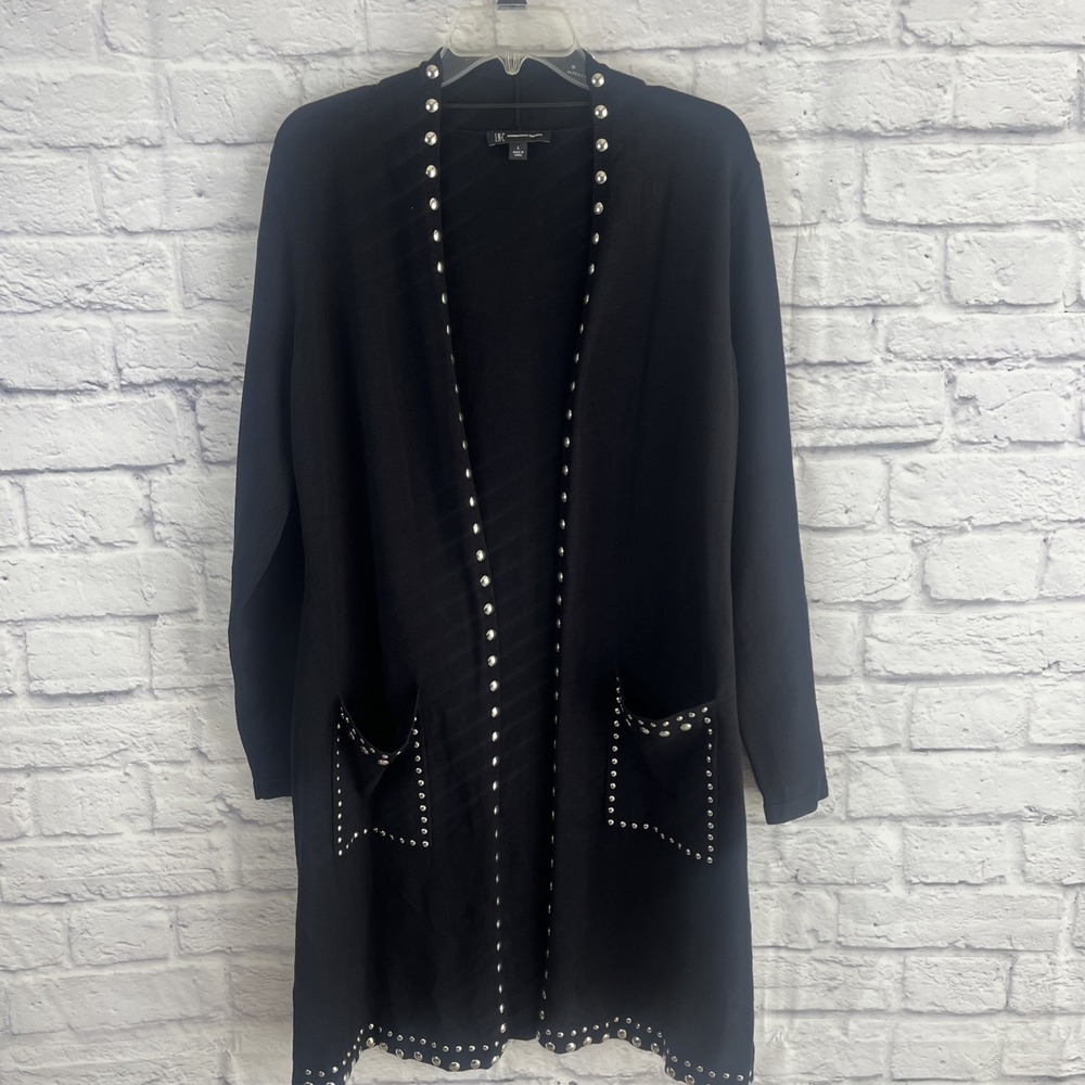 INC International Concepts Black Studded Open Front Edgy Glam Cardigan *no belt